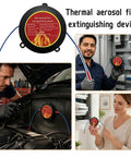 Automatic Aerosol Fire Extinguisher Simple Apply Fire Suppression Sticker For Car Under Hoods And Breaker Panels Heat Powered Zero Wire Hassle With A Lightning Five Second Burn Out Response Two Pack displayed on engine and in use.