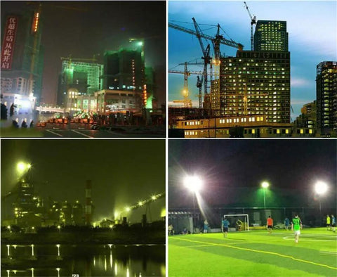 Heavy Duty Waterproof Floodlight Featuring Super Bright Projection Lamp And Rechargeable Work Light For Job Sites Built Like A Tank For Rugged Outdoors 600W Industrial Yard Spotlight illuminating urban construction sites and sports fields at night.