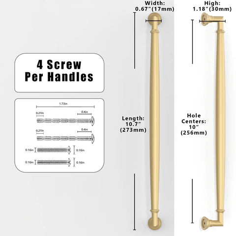 Talentedeco 10 Pack Brushed Gold Kitchen Cabinet Pulls 10 Inch 254mm drawer handles with detailed dimensions for installation.