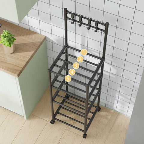 Super Tough As Nails Five Tier Rolling Shelving Unit Heavy Duty Storage Rack top view with five shelves in kitchen setup.