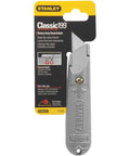 Contractor Grade Fixed Blade Utility Knife With Beefy Heavy Duty Cast Metal Handle And Positive Blade Retention, front view.
