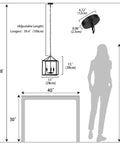 Diagram showing dimensions of Dope Three Light Industrial Farmhouse Chandelier In Matte Black With Square Cage Pendant