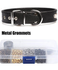 Hardcore 2mm Plated Copper Grommets Kit With 800 Legit Eyelets And Easy Install Tools In A Kickass Storage Box For Leather Crafts Shoes And Daily Wear That Always Look Fresh with black leather belt and grommet storage box.
