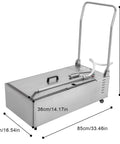 Heavy Duty Stainless Steel Oil Filter Machine With Foldable Design And Casters For Easy Mobility In Restaurant Or Home Kitchen Efficient Grease Extraction System side view with dimensions displayed