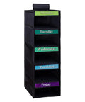 Kids Five Shelf Hanging Closet Organizer With Weekday Dividers, black storage rack with labeled pockets for daily outfits.