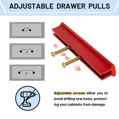 Premium Adjustable Cabinet Handles 6 Pack Kitchen Drawer Pulls Aluminum Red Knobs with adjustable screws for 1-4 inch spacing.