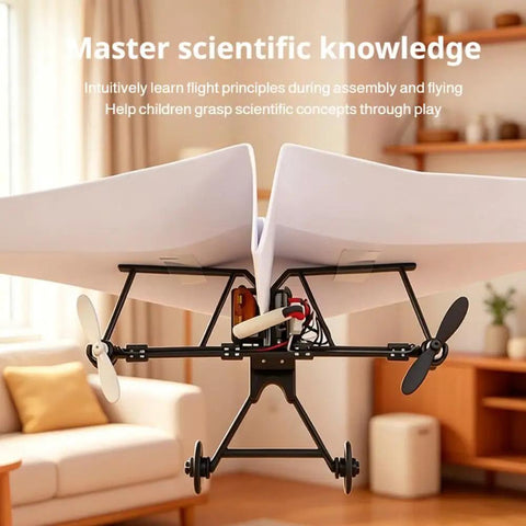 Close-up of Electric Remote Control Paper Airplane DIY Kit With Gyro Stabilizer and Dual Propellers in a living room