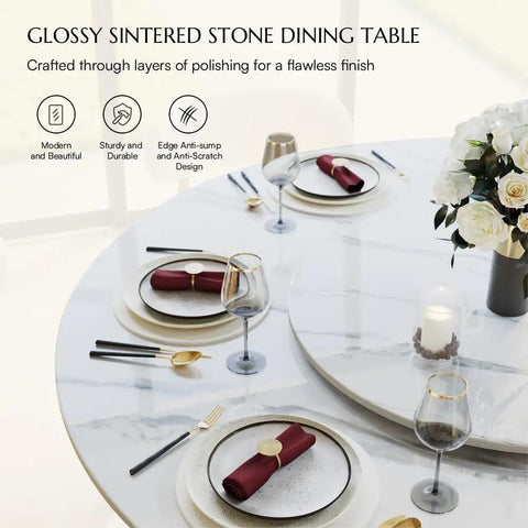 Modern 51 Inch Round Dining Table Slick Glossy White Sintered Stone Top Built Tough Black X Carbon Steel Base Lazy Susan set for dining.