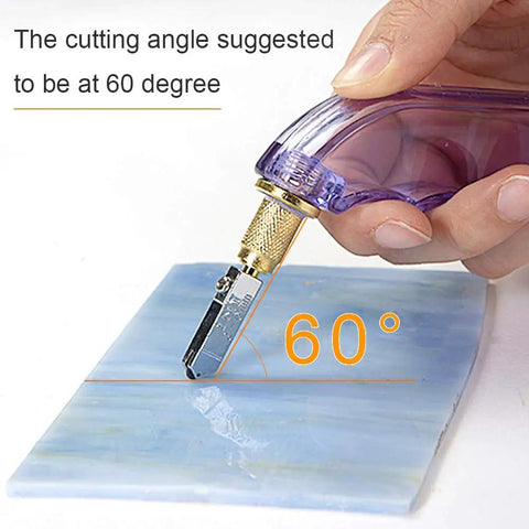 Professional Pistol Grip Oil Feed Glass Cutter With Tungsten Carbide Wheel Stained Glass Cutting Tool cutting stained glass at 60 degrees.