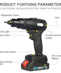 21V Brushless Electric Blind Rivet Nut Tool Featuring Rechargeable Battery Pack, Plug And Play Automatic Ram Gun with LED light and forward/reverse switch.