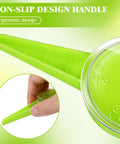 Close-up of Mini Seed Spreader Handheld Seed Planter Tool 20 Pcs Kit With 5 Dial Settings, ergonomic light green handle