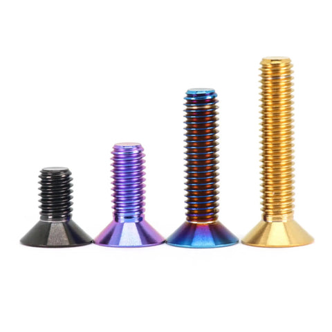 Premium Grade Five Titanium Countersunk Screws And Flat Head Bolts Four Pack M4 M5 M6 M8 assorted metric fasteners in various sizes.
