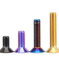 Top Shelf Titanium Countersunk Screws Slick Blue Purple Flat Head Bolts Heavy Duty Aviation Grade Ti 6Al 4V Precision Fasteners M4 M5 M6 M8 Four Pack, showing various sizes in black, purple, and gold.