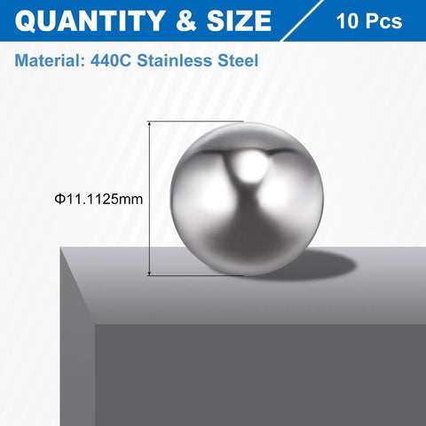 Heavy Duty 7/16 Inch Bearing Balls 10 Pack 440C Stainless Steel G10 Precision Sphere with size dimensions on a gray surface.