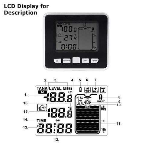 Ultrasonic Liquid Level Sensor With Temperature Display for Indoor Water Tanks Level Meter and Indicator showing LCD interface.