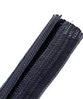Close-up of black self closed cable sleeve made of PET braided material for easy DIY friendly cable management and wire wrapping