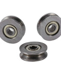 Heavy Duty 20 Pack Deep V Groove Bearing 3x12x4mm Double Shielded Carbon Steel Ball Bearing Rail Roller Wheel For Slick Motion System Track Guide Pulley showing three precision ball bearings.