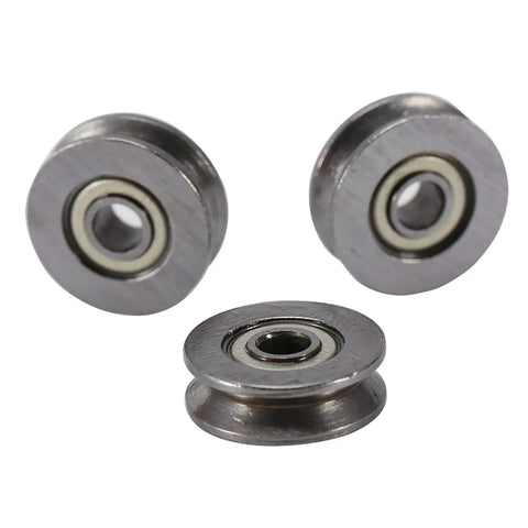 Heavy Duty 20 Pack Deep V Groove Bearing 3x12x4mm Double Shielded Carbon Steel Ball Bearing Rail Roller Wheel For Slick Motion System Track Guide Pulley showing three precision ball bearings.