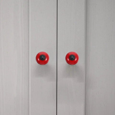 Slick Red Ceramic Cabinet Knobs With Top Notch Retro Flair For Kitchen Cupboards And Dressers One Point Five Inch Round on grey cabinets.