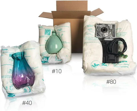 Heavy Duty Self Expanding Foam Packing Bags 18 X 22 Inches cradle a green and purple vase and a small motor inside a box.