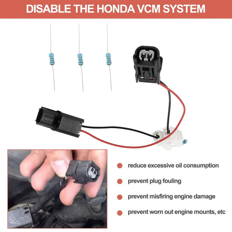 Plug And Play VCM Disable Harness For Honda 3.5L V6 Engines showing wiring harness and resistors for engine performance.