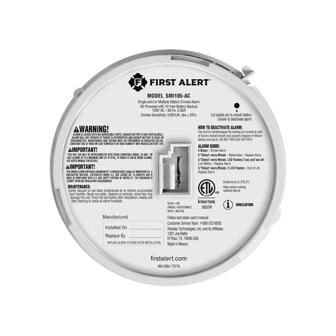 Back view of Hardwired AC Smoke Alarm With 10 Year Sealed Battery Backup And Smart Sensing Tech, model SM105-AC.