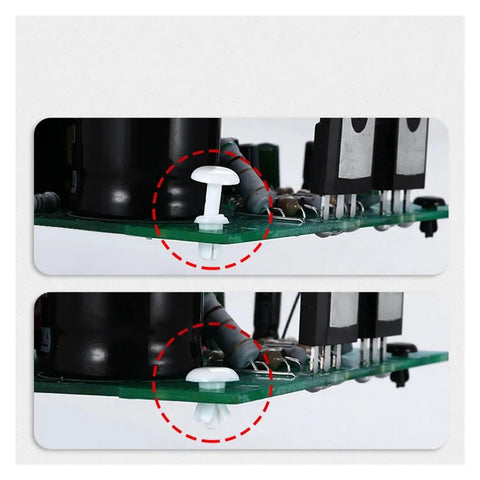 Two premium nylon R type snap rivet PCB board mounting clips securely fastening electronic components on a circuit board.