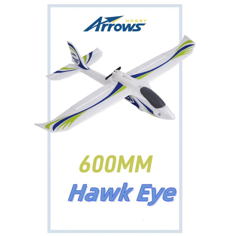 Arrows RC Plane 600mm Hawk Eyes Remote Control Airplane Plug And Play Ready To Fly RTF in white with blue and green accents.