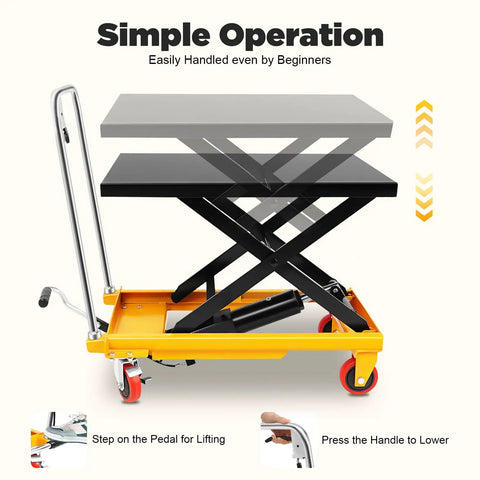 Heavy Duty Hydraulic Lift Table Cart With Smooth Rolling Locking Casters And Quick Fold Design showing simple operation for lifting.