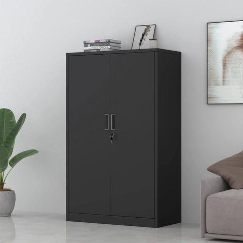 Badass Metal Storage Cabinet With Locking Doors And Three Adjustable Shelves 53 Inch Tall Lockable Steel Cupboard For Garage Home Office Or Pantry Use Black Finish in modern setting.