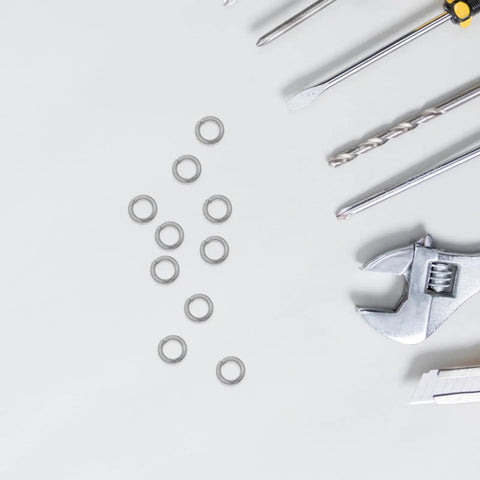 300 Pack M6 Stainless Steel Split Lock Washers Pro Grade Heavy Duty Industrial Hardware Fasteners, arranged with tools.