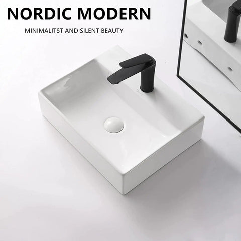 Rectangular Ceramic Vessel Sink For Bathroom Wall Mounted With Pop Up Drain Above Counter Upgrade Your Vanity With Modern Kaolin Ceramic Thick Glazed Surface No Install Kit Included, top view.