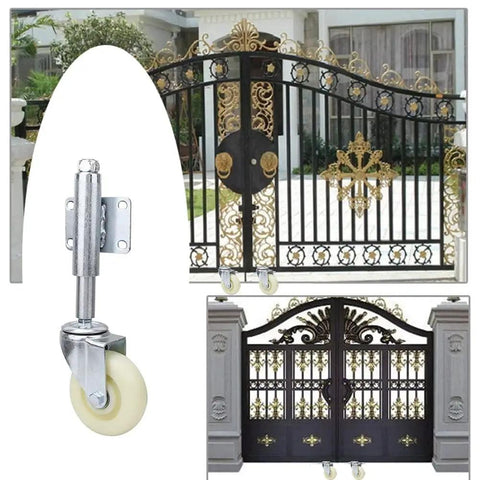 Straight Up Heavy Duty 4 Inch Spring Loaded Gate Casters Rock Solid Nylon Gate Wheels mounted on a decorative gate.
