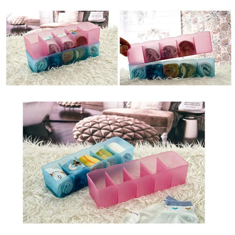 Solid Plastic Underwear Organizer Box With Five Grid Dividers For Closet Drawer Storage, pink and blue color, storing socks and towels.