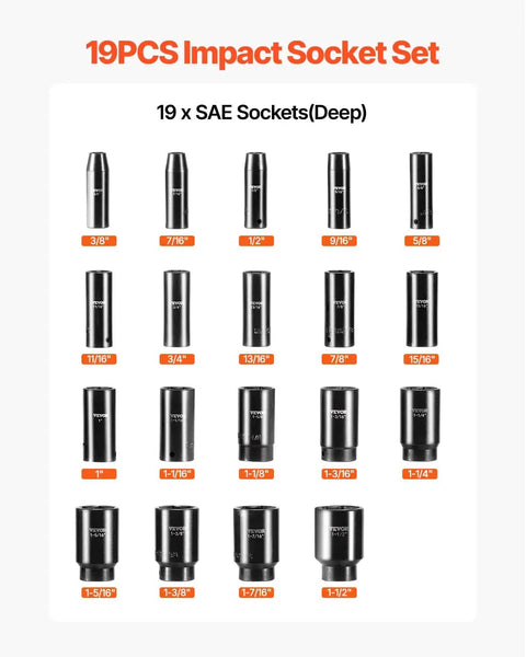 Impact Socket Set One Half Inch Drive, 19 Piece Deep Sockets, Six Point, CRV Steel with sizes displayed in grid format