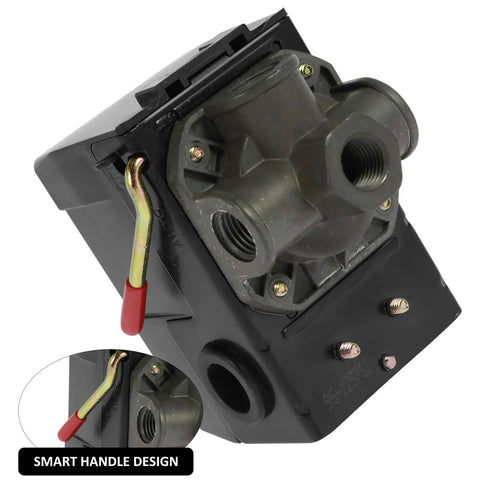 Tough As Nails Air Compressor Pressure Switch Drop In Replacement with Smooth Unloader Control and Built In Safety Relief Valve 95 To 125 Psi Range Npt One Quarter Fittings, featuring smart handle design.