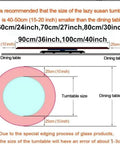 Smooth Spinning 36 Inch Glass Lazy Susan Round Rotating Turntable For Dining Tables diagram showing size recommendations.