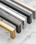 Top Shelf 10 Pack Brushed Gold Cabinet Pulls 5 Inch Square Bar Drawer Handles Built Tough Solid Metal Hardware in various finishes.