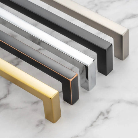 Top Shelf 10 Pack Brushed Gold Cabinet Pulls 5 Inch Square Bar Drawer Handles Built Tough Solid Metal Hardware in various finishes.