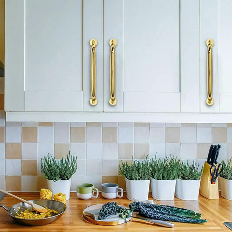 Premium Polished Brass Cabinet Pulls 10 Pack Heavy Duty 8 Inch Hole Center Drawer Handles Zinc Alloy on kitchen cabinets.