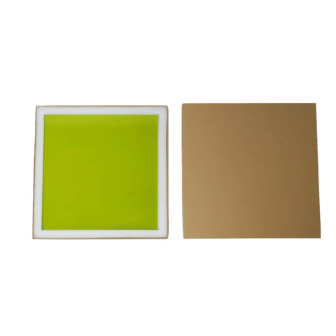 Heavy Duty Laser Safety Window Panel For Fiber Cutting And Engraving Built Tough At Twelve By Twelve Inches With Crystal Clear Viewport Killer OD Six Plus Beam Filter No Nonsense Shop Floor Guardian For Pro Rigs, showing green filter and backing board.