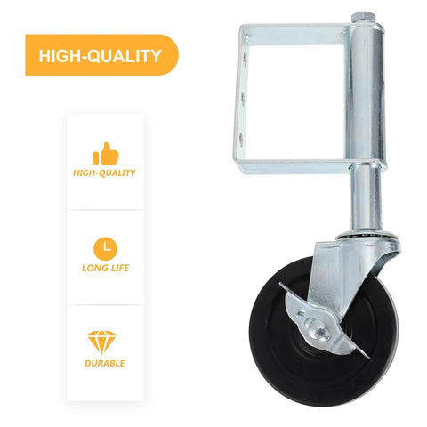 Spring Loaded Gate Wheels For Fences Heavy Duty Outdoor Casters Smooth Roll Design, metal frame with rubber wheel, side view.