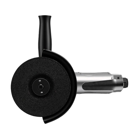 Five Inch Pneumatic Angle Grinder For Metal Cutting And Grinding Ergonomic Grip Low Vibration Lightweight Frame Built Like A Beast For Hard Knocks And The Daily Workshop Grind top view with black disc and handle.