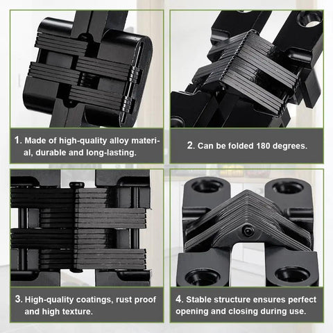 8 Pack Professional Grade Rock Solid Invisible Hidden Door Hinges With 180 Degree Full Swing For Secret Door And Concealed Cabinet Setup Featuring Smooth Operation close-up of durable black alloy hinges showing foldable design and stable structure.