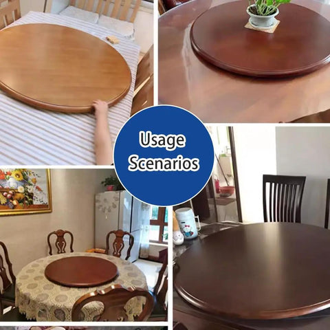 Smooth Spinning Wooden Lazy Susan Rotating Turntable Serving Tray Silent Bearing 39 Inch Round Food Platform in casual kitchen settings.
