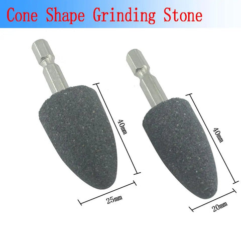 Two cone-shaped grinding stones with hex shank, part of 6 Pack Rotary Grinding Stones With 1 4 Inch Hex Shank For Rotary Tools Mounted Abrasive Points For Drill Die Grinder Pro Grade Aluminum Steel Metal Deburring Shaping And Finishing, size labeled