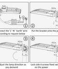 Installation guide for Heavy Duty 200W Led Parking Lot Lights showing wiring, bracket mounting, lamp adjustment, and power switch.