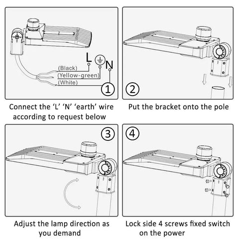 Installation guide for Heavy Duty 200W Led Parking Lot Lights showing wiring, bracket mounting, lamp adjustment, and power switch.