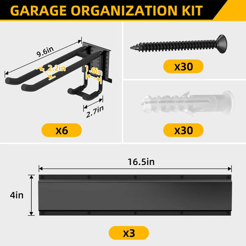 Beefed Up Garage Tool Organizer With Six Double Layer Hooks And Extended 49.5 Inch Wall Mounts Made From Powder Coated Steel for yard gear.