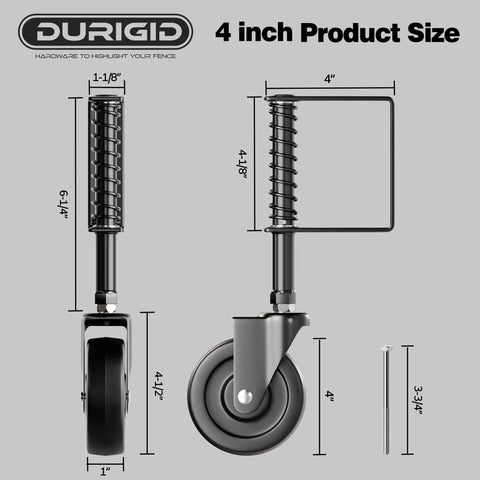 4 Inch Spring Loaded Gate Wheel With Built Like A Tank Shock Absorption, Heavy Duty Fence Caster For Wooden Gates, 200 Lb Capacity Outdoor Glide Roller dimensions and details.